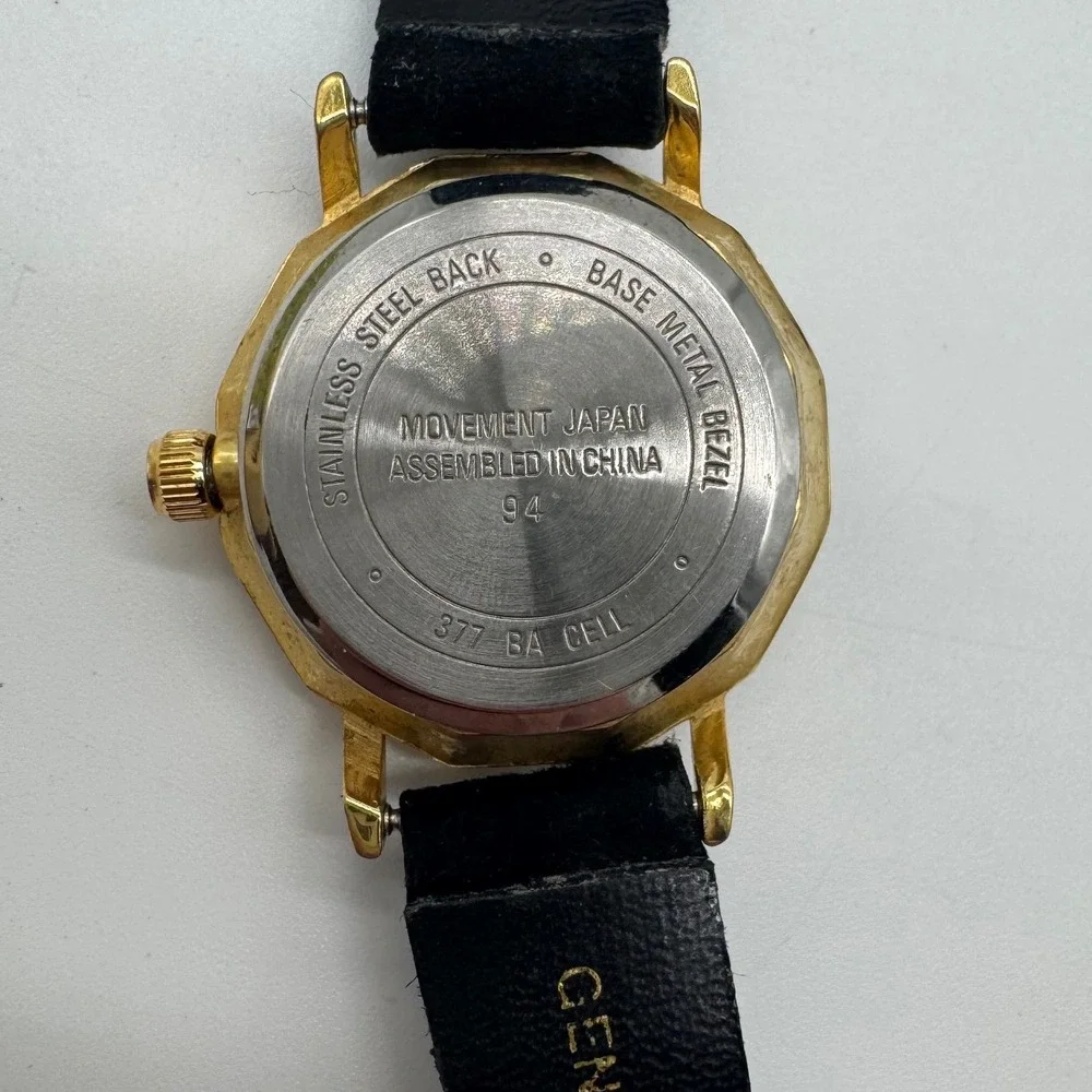 Carriage by Timex Womens Watch Gold Tone Decagon Mother‎ of Pearl Black Leather